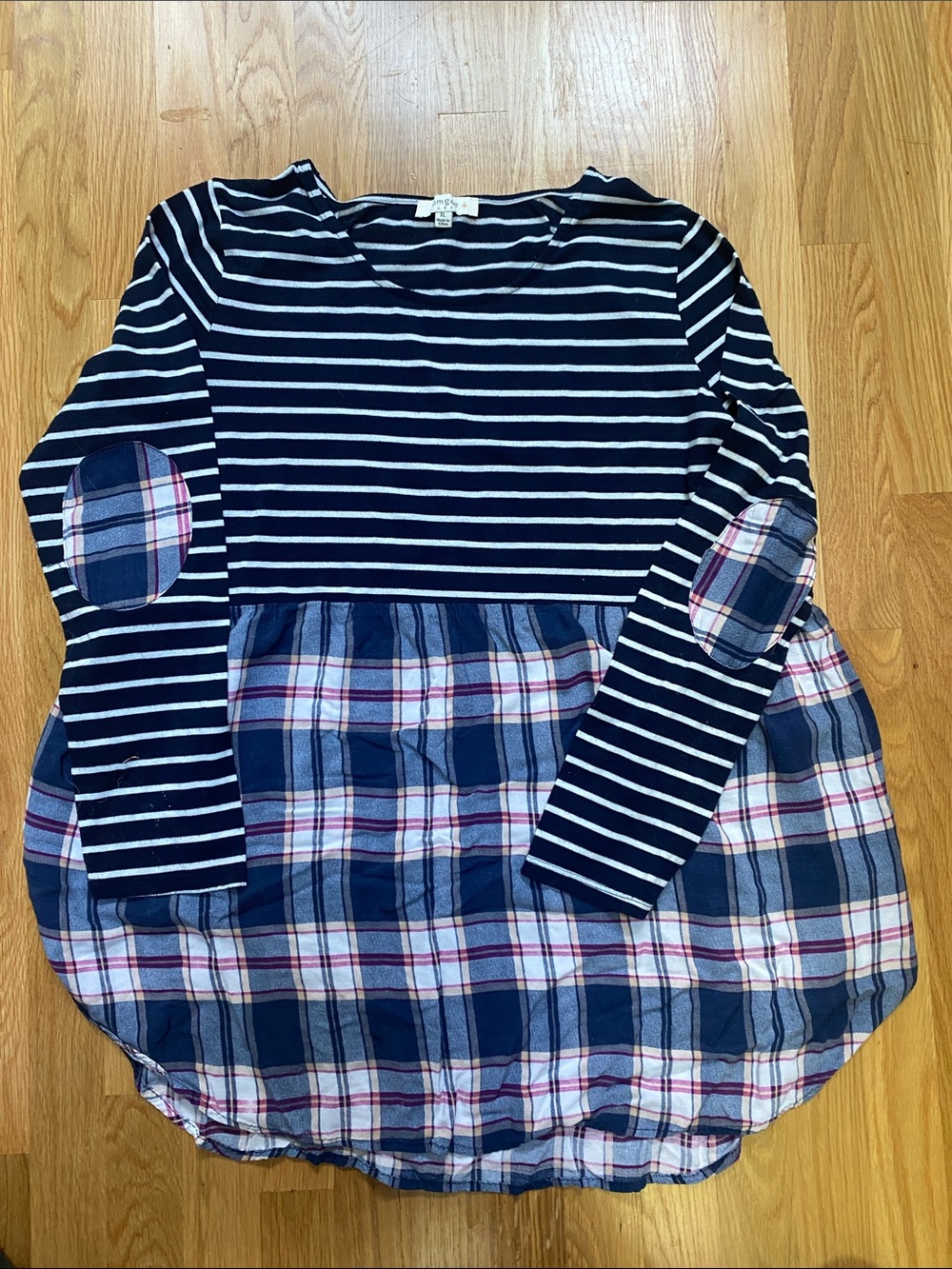 Umgee Navy & White Striped Tunic with Navy Plaid Panel